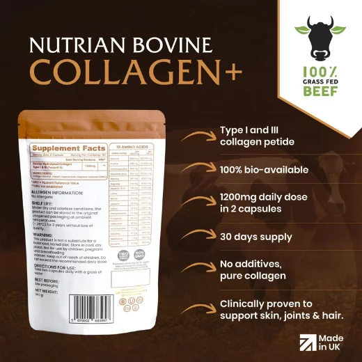 Nutrian 100% Pure Bio-Active Bovine Collagen 1200mg - 120 Capsules - Image 3
