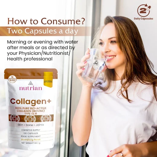 Nutrian 100% Pure Bio-Active Bovine Collagen 1200mg - 120 Capsules - Image 2
